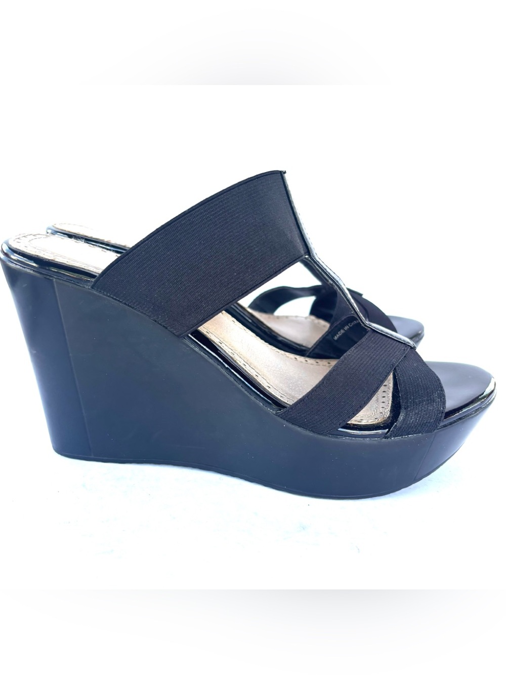 Charlies Patent Black Platform Wedge Sandals with Elastic T-Strap